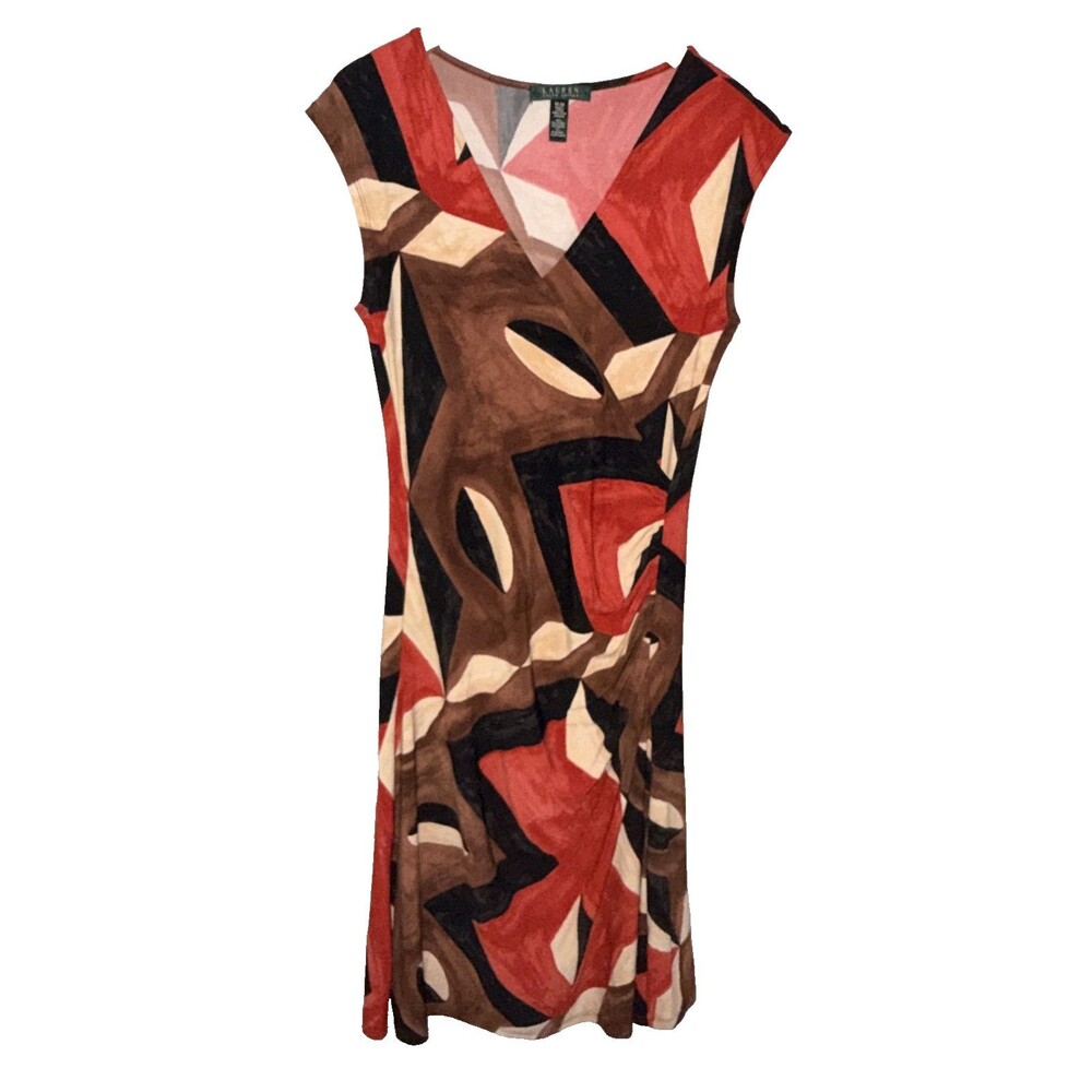 Ralph Lauren Dress Black Brown Tan Red Geometric Art Print Dress Womens Size Med